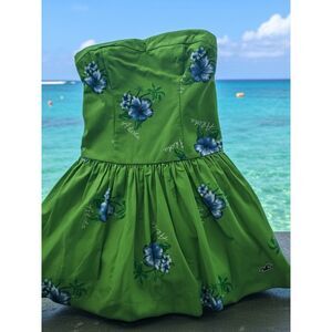 NWT Vintage  Hollister Strapless Pleated Mini Dress LG, Green, blue flowers Rare